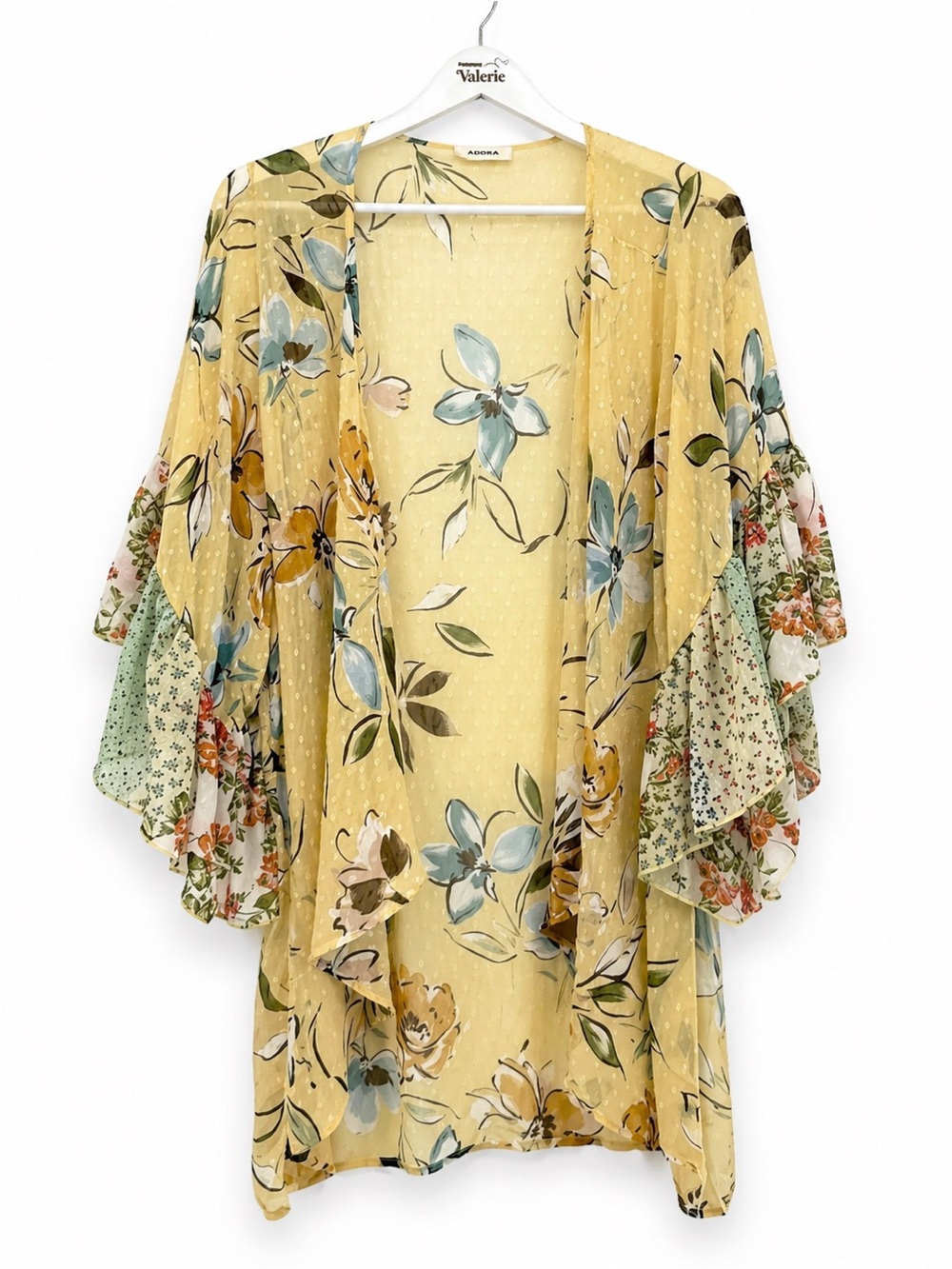 Adora Yellow Floral Sheer Ruffle Mixed Pattern Kimono Shawl Overlay Size Small